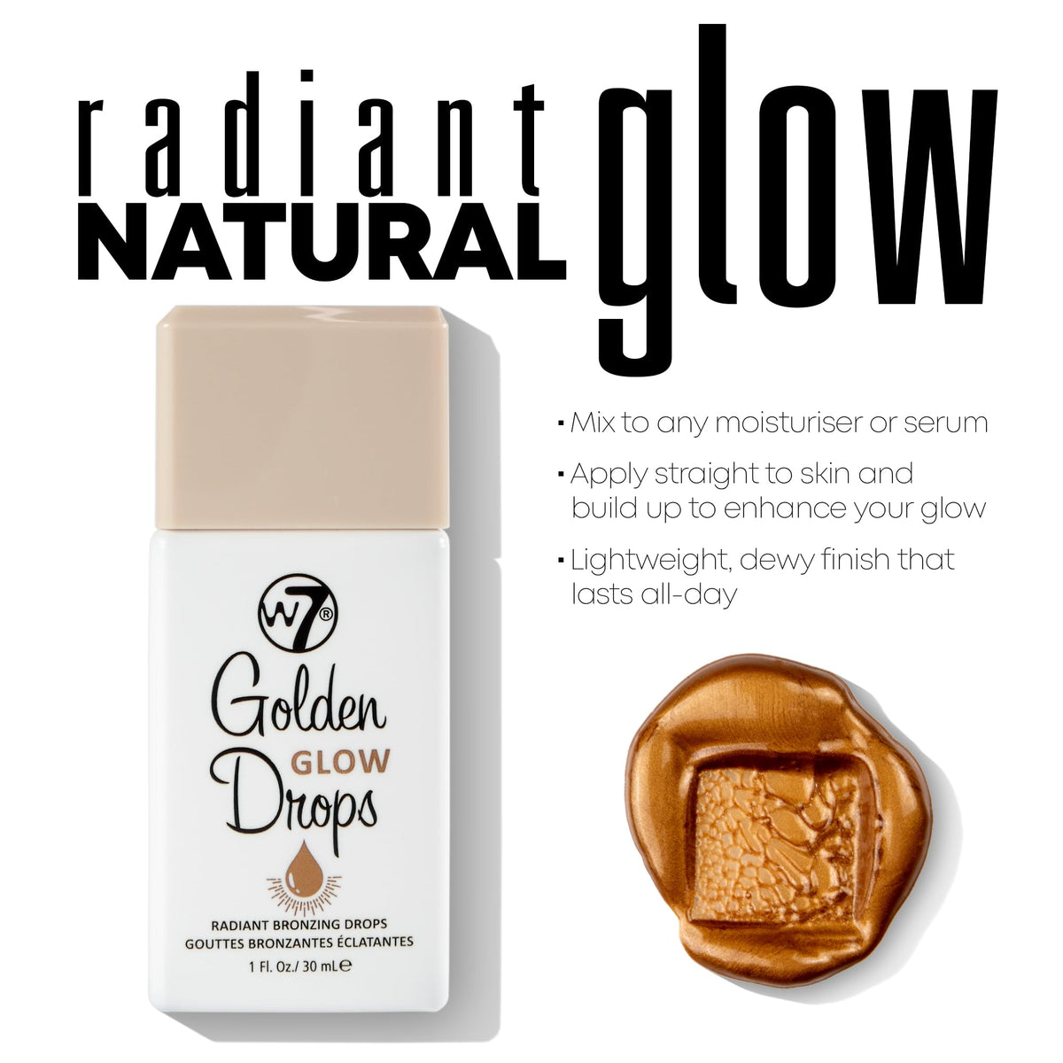 W7 Golden Glow Drops & Brush Duo - 2 Piece Set - Liquid Bronzing Drops & Face & Body Applicator Brush