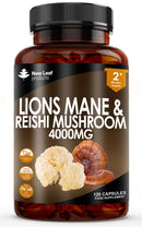Lions Mane & Reishi Mushroom Capsules - High Strength 4000mg Lions Mane Supplement with Reishi - 120 Vegan Lions Mane Mushroom Powder + Reishi Mushroom Capsules - Made in UK by New Leaf