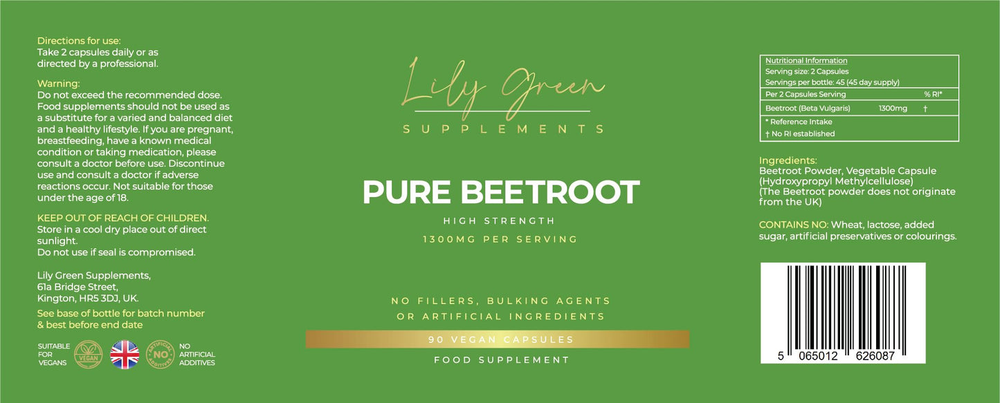 Lily Green | Pure Beetroot 1300mg per Serving | 90 Vegan Capsules | Nitric Oxide Boost | Rich in Vitamins & Minerals | High Strength | No Artificial Additives | Made in UK