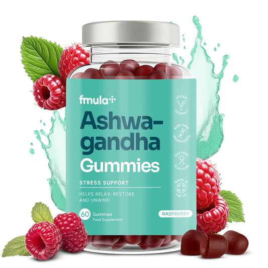 fmula+ Ashwagandha High Strength Gummies | 1200mg Organic Ashwagandha Gummies with 5% Withanolides | Relaxation & Stress Relief Supplements | Raspberry Flavour | Vegan-Friendly | Gelatin-Free | 60 Gummies
