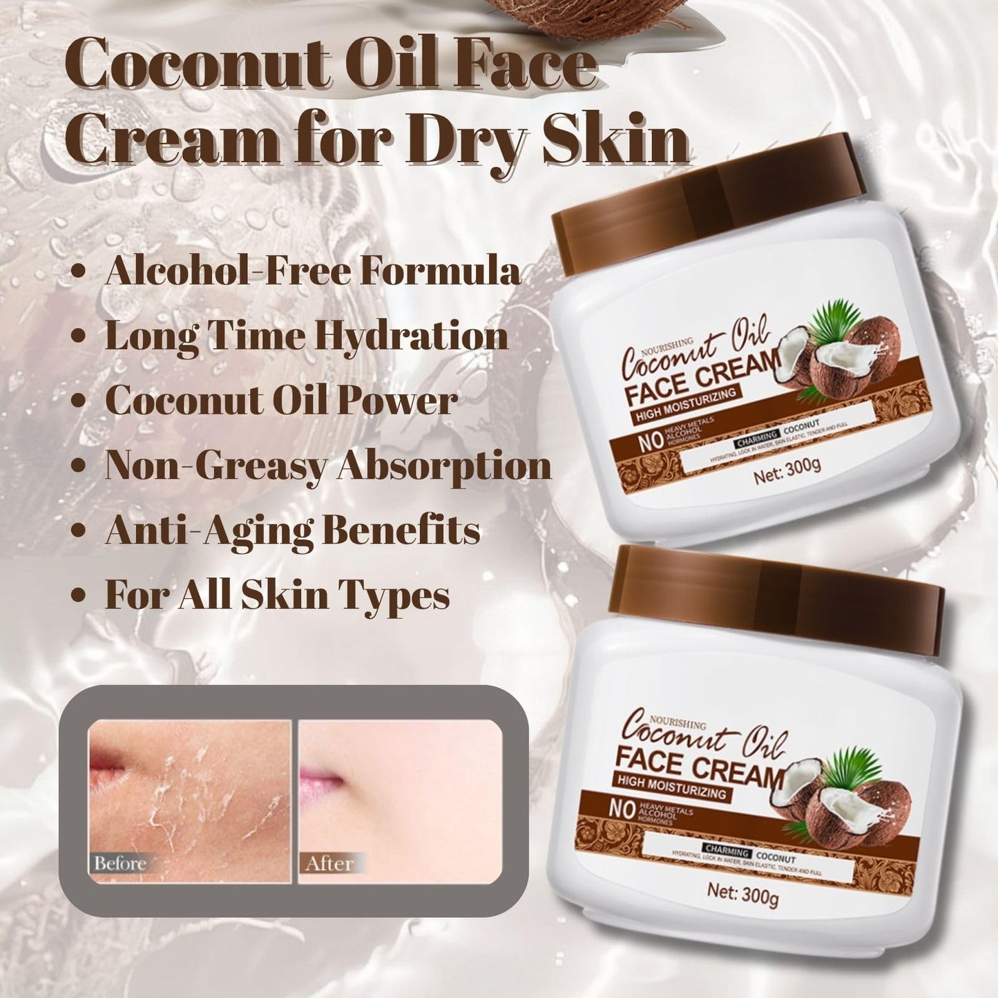 Coconut Oil Face Cream for Dry Skin – Anti Aging Face Cream and Skin Moisturiser – Day & Night Cream for Women Anti Aging – Deep Hydration Face Moisturiser for Soft, Youthful Skin - 300g
