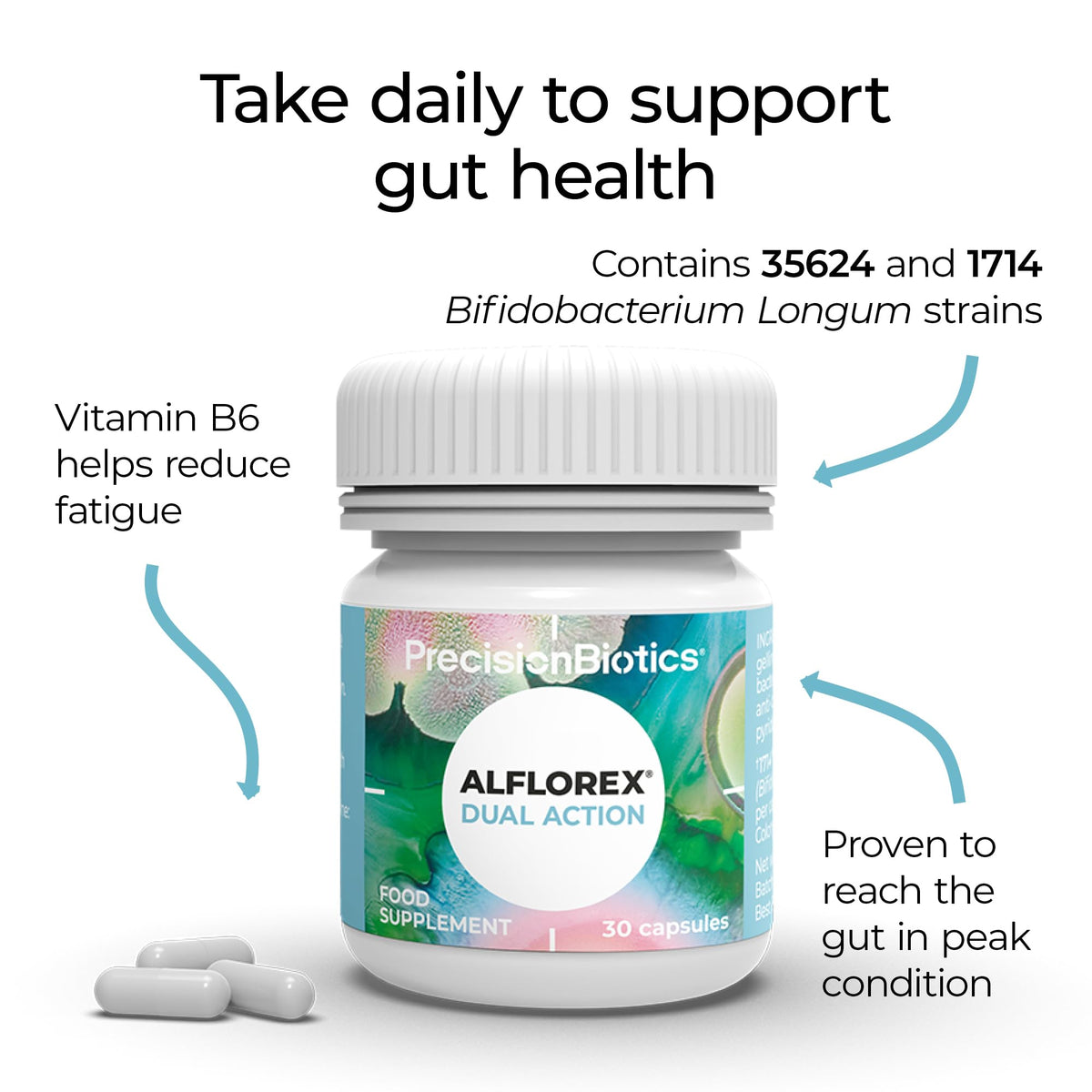 PrecisionBiotics Alflorex Dual Action 12 Week Plan - Daily Gut Health Supplement with Bifidobacterium Longum Bacteria strains 35624 and 1714 + Calcium + Vitamin B6 - Bacterial Cultures - 90 Capsules