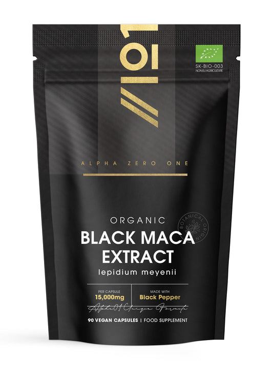 ALPHA01 Organic Black Maca Extract 15,000mg with Black Pepper - 90 Vegan Capsules (3 Months Supply) – High Strength 30:1 Black Maca Extract - Resealable and Recyclable Pouch – by Alpha01