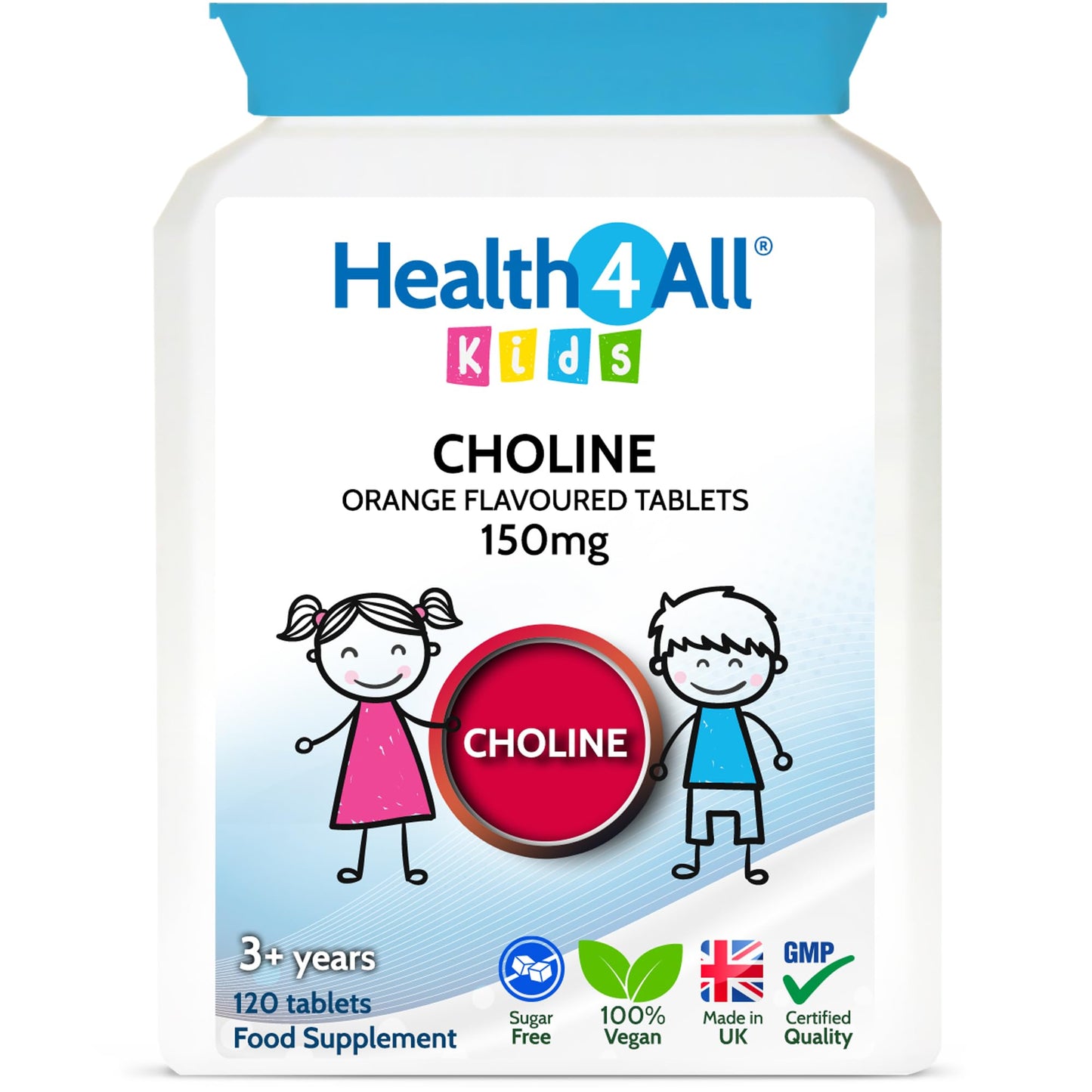 Health4All Kids Choline 150mg Chewable 120 Tablets Vegan Children's Supplement to Support Memory and Learning