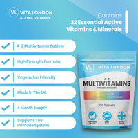 VL Vita London Vita London A-Z Multivitamins for Men & Women – 22 Essential Active Vitamins & Minerals with Iron – High Strength Daily Supplement – 120 Tablets – UK Made, Vegetarian