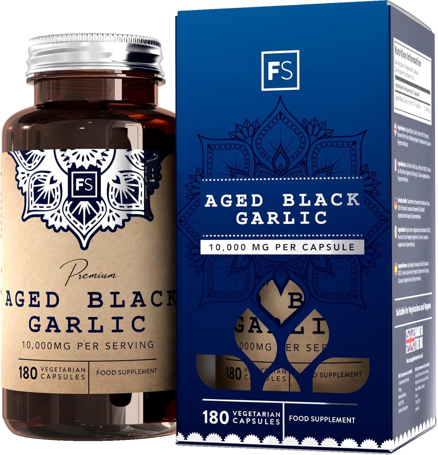 Focus FS Aged Garlic Extract | 180 Odourless Garlic Capsules - 10,000mg Extract per Serving | Aged Black Garlic Supplement | Garlic High Strength | Non-GMO, Gluten & Allergen Free | Made in The UK