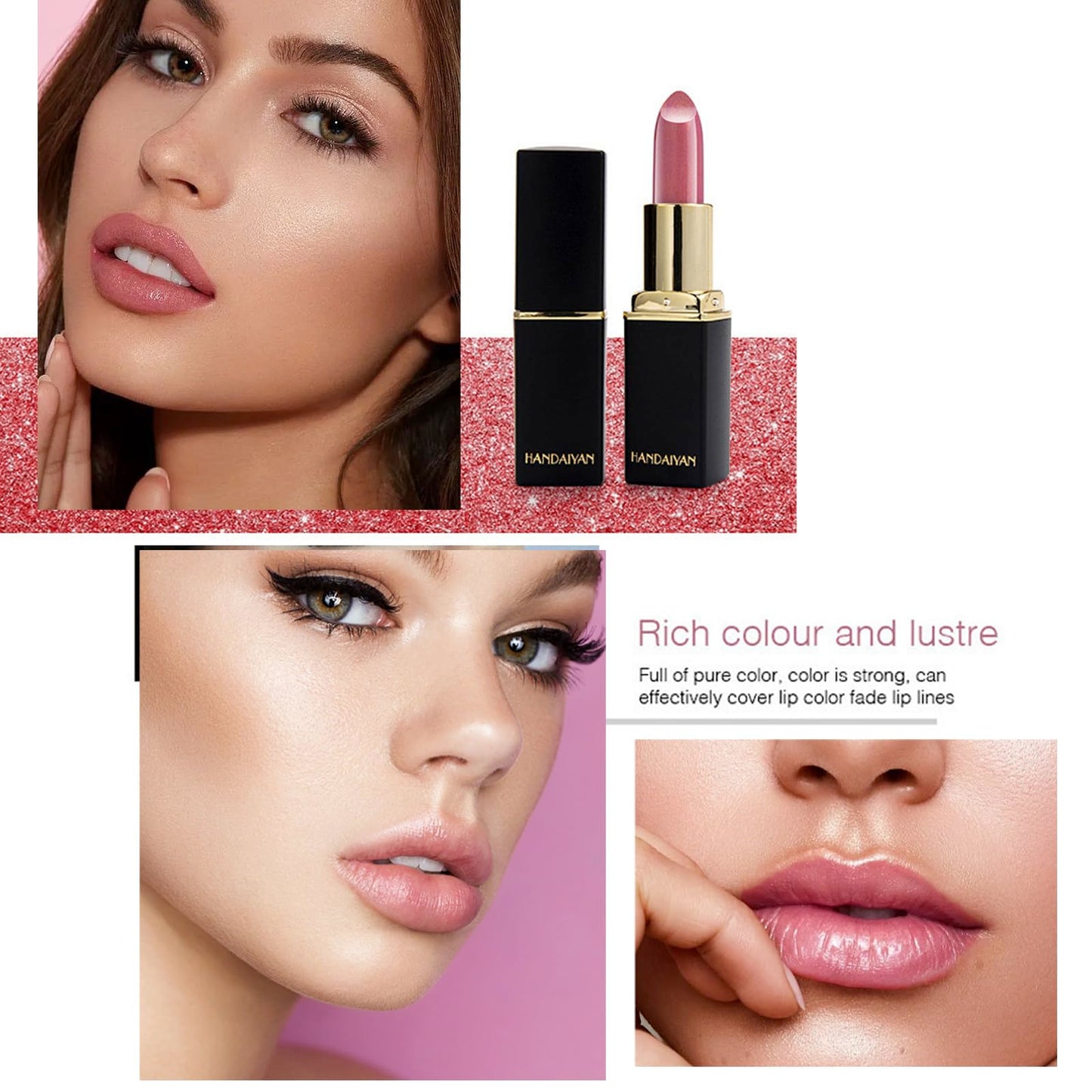 HAORQEE Pink Lipstick, Glitter Metallic Shimmer Lipsticks, Colour Changing Long Lasting Non-stick Cup Bright Pink Moisturizing Waterproof Sparkle Gift for Women Girls