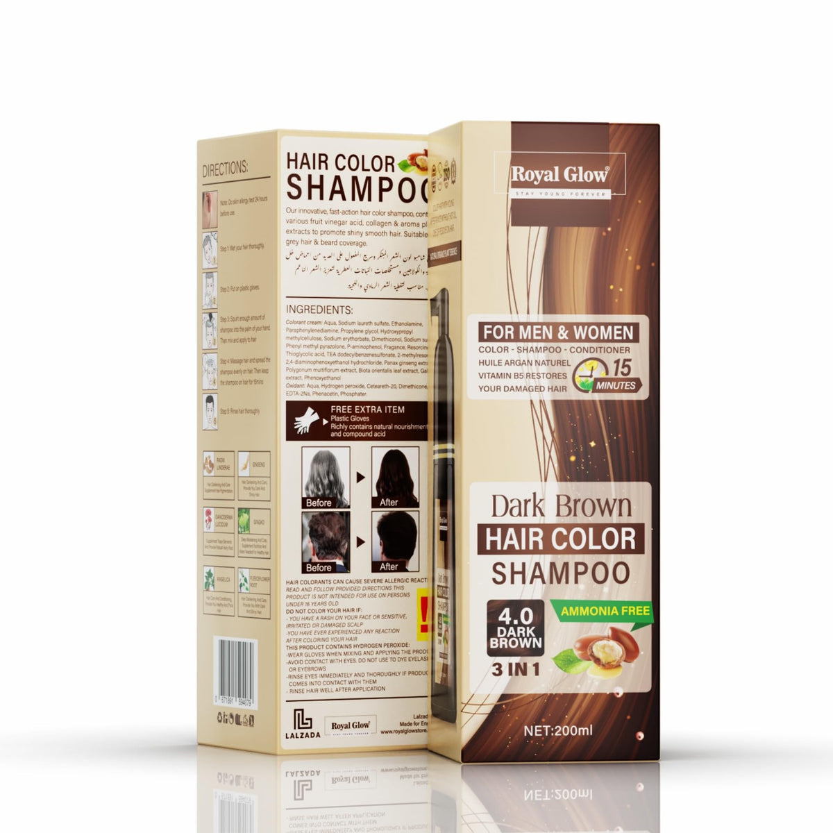 Royal Glow Hair Colour Shampoo – Ammonia-Free, Instant Grey Hair Dye for Men & Women – 3-in-1 Hair Colour, Shampoo & Conditioner – Non-Staining, Easy to Use (Black/Dark Brown) (Dark Brown, 200ml)