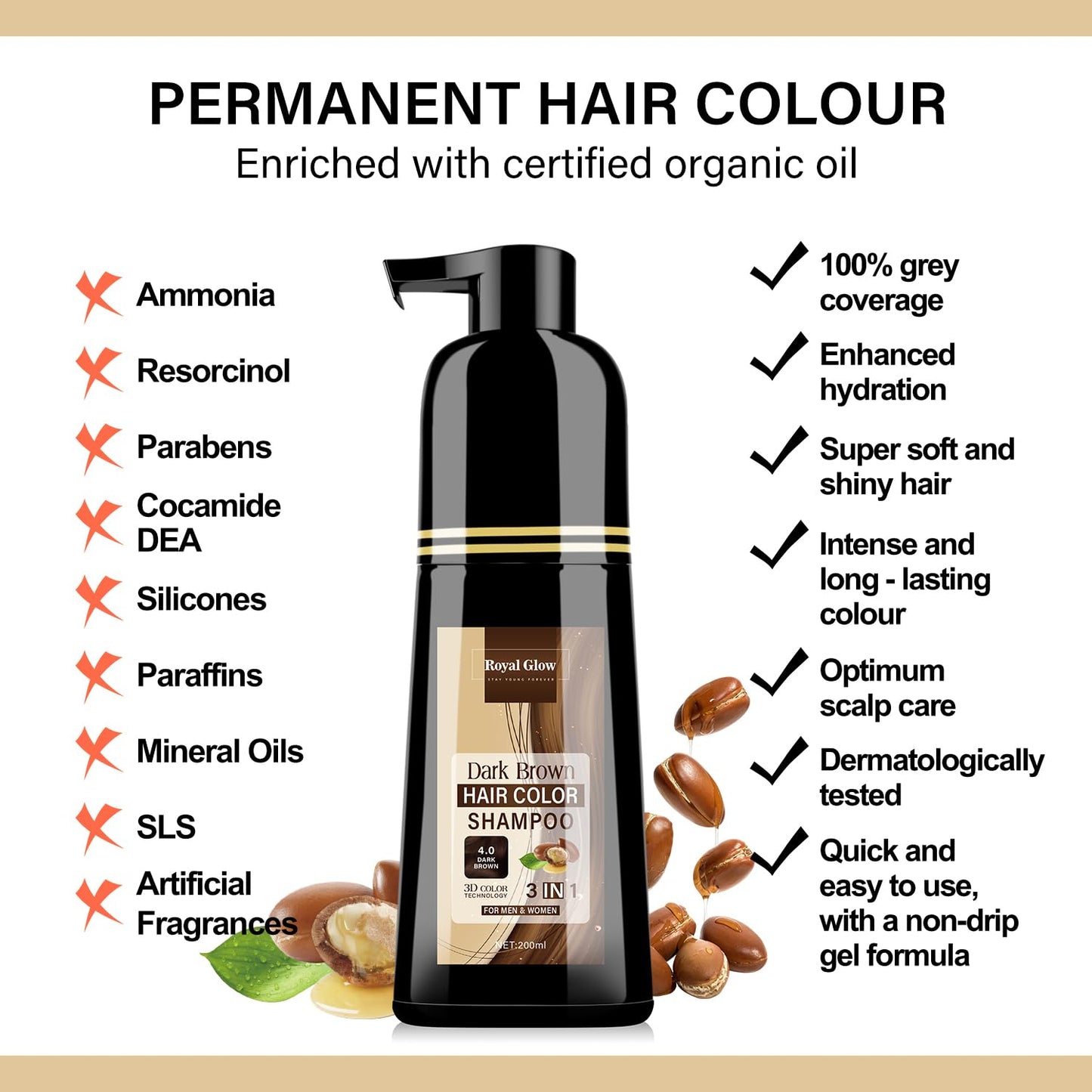 Royal Glow Hair Colour Shampoo For Men & Women | 5-Minute 200ml | Natural Ingredients | Vitamin B5 | 3-in-1 (Dark Brown)