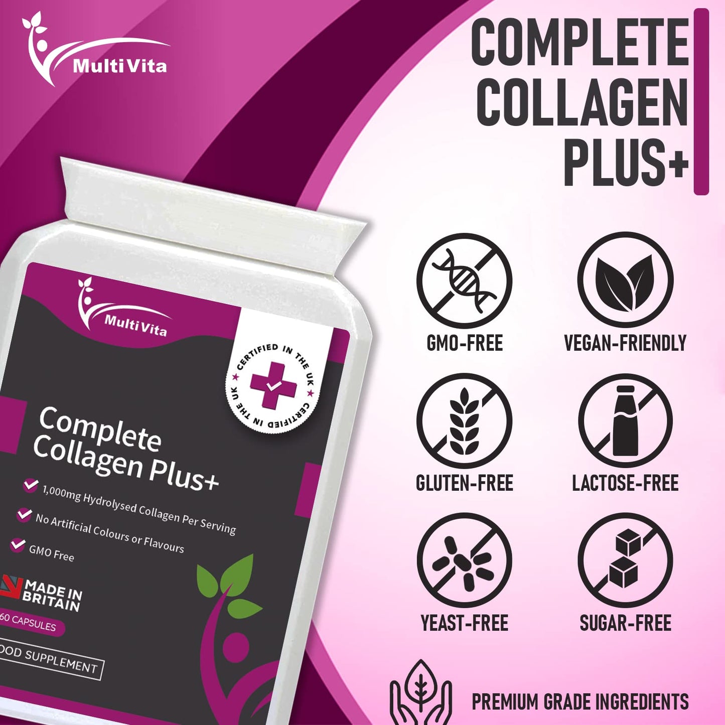 Multivita Complete Collagen Plus+ 1000mg - 60 Capsules - Hyaluronic Acid, Biotin, Vitamin C, E, Iodine + More