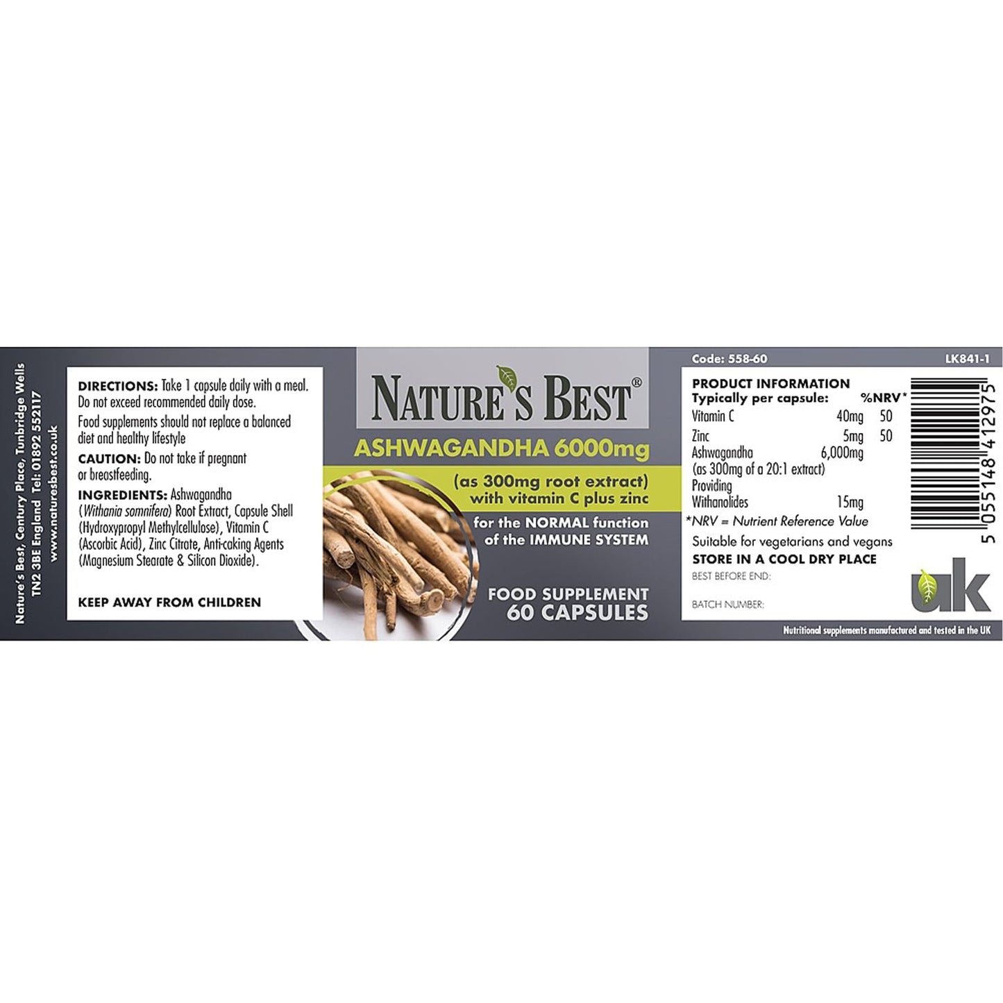 Ashwagandha 6000mg with 5% withanolides, Key ‘Actives’ | for Normal Psychological Function/Normal Function of The Nervous System |60 Vegan Capsules 1-a-Day, 2 Month’s Supply | UK Made