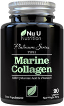 Marine Collagen with Hyaluronic Acid, Vitamin C - 90 Hydrolyzed Capsules (not Tablets) - Premium High Strength Collagen Supplements for Women & Men - Type 1 Marine Collagen - Nu U Nutrition