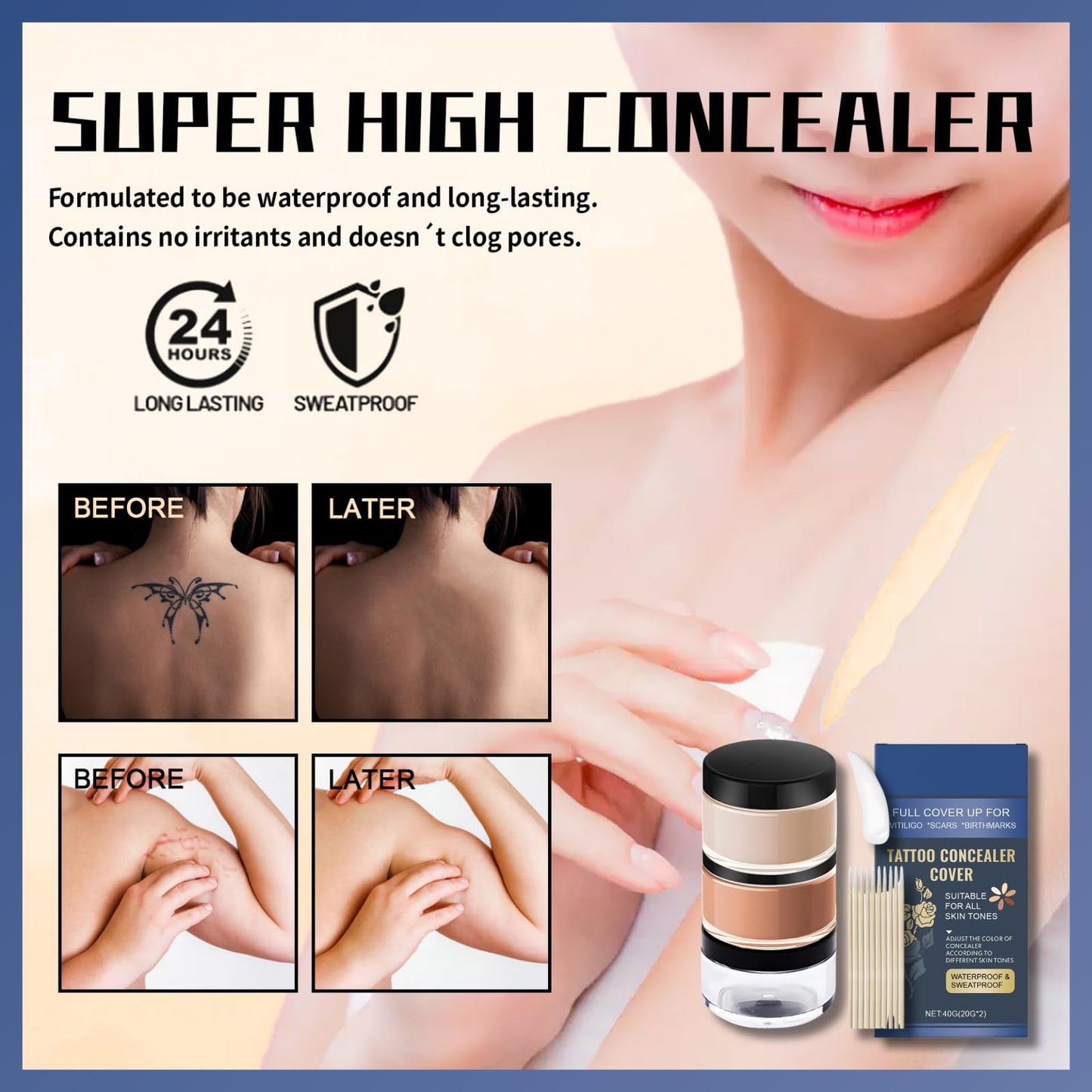 HERBENJOY Waterproof Tattoo Cover Up Makeup Concealer Cream,Full Coverage Concealer for Tattoos,Bruises,zits& Body Art,2 Color Buildable 3 Shades Scar Covering Makeup,Lasting, Smudge-Proof for Men & Women