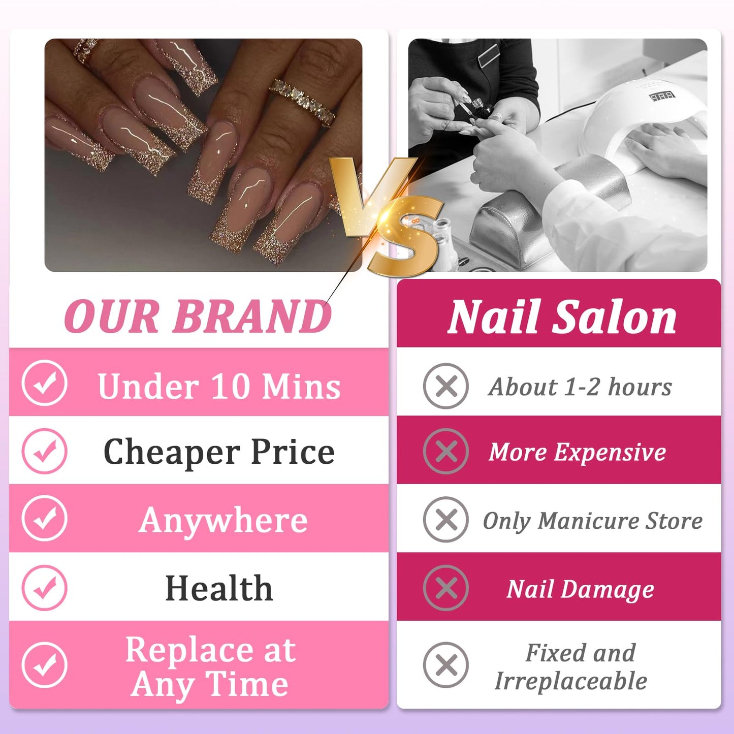 Ceboic 24Pcs Press on Nails Long Coffin French Tip False Nails Pink Gold Shiny Glossy Glue on Nails with Glitter Design 12 Sizes Artificial Stick on Nails for Women Girls DIY Manicure Decorations