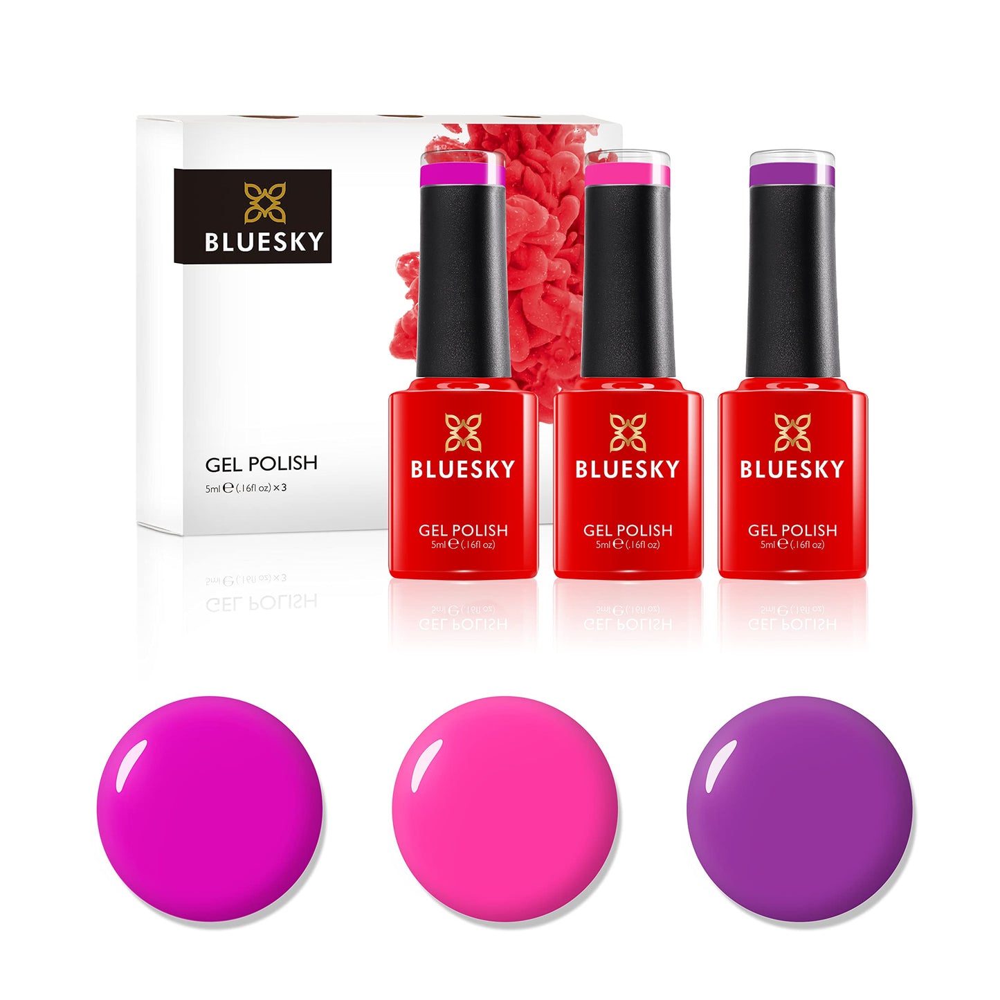 BLUESKY Gel Nail Polish Set, Party Pinks. Blackcurrant Neon13, Lollipop 63909, Cherise Neon06. 3 X 5Ml. Pink, Purple, Bright (Requires Curing Under Uv/Led Lamp)