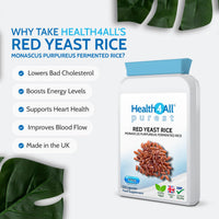 Health4All Red Yeast Rice 600mg per Capsule 120 Capsules, 4 Months Supply, Cholesterol Lowering Supplement High in Monacolin K, Purest Vegan Supplement | Made in UK