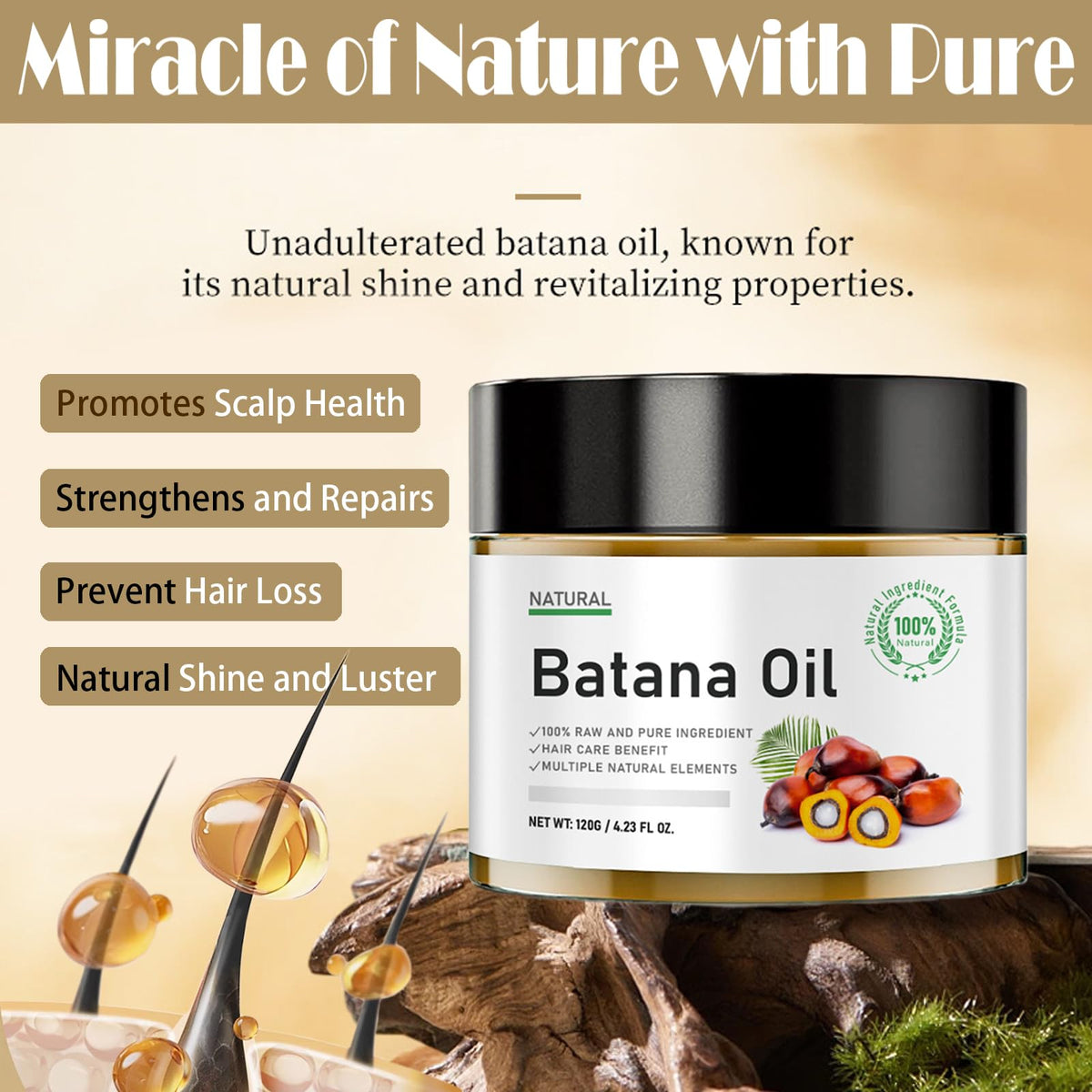 MINSHZEE Batana Hair Growth Oil, 100% Pure Natural from Honduras, Organic Hair Mask, Reduces Hair Loss, Moisturising the scalp, and repairing damaged, dry hair, Repairs Damaged Hair & Scalp (120g)