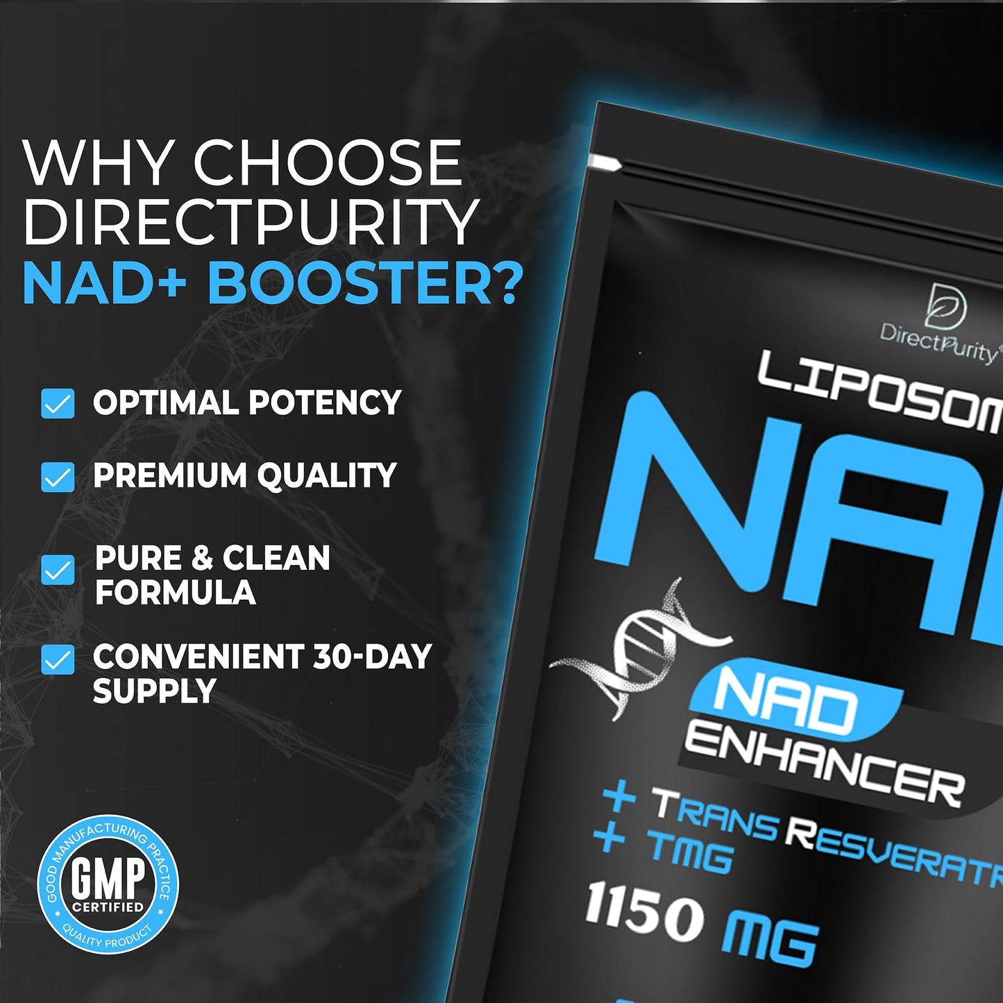Directpurity Direct Purity NAD Supplements – 1150 mg Healthy Aging Liposomal NAD with Trans Resveratrol TMG and Piperine Blend Supports Cellular Health DNA Repair Energy and Metabolism – 60 Vegan Capsules