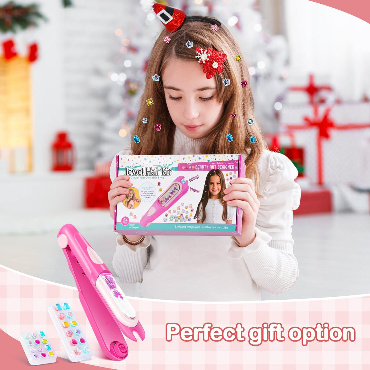 JoyJoyful Gifts 5 6 7 8 9 10 Year Old Girls, Hair Gem Stamper Kit Toys for Girls Age 6-12, Kids Hair Accessories Birthday Presents, DIY Hair Styling Tool with Reusable Shining Diamonds