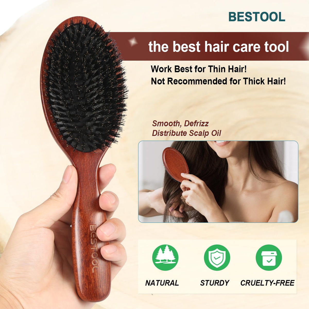 BESTOOL Hair Brush, 100% Pure Boar Bristle Hair Brush for Women Men Children, Natural Bristles for Thin and Fine Hair, Slick Back Hair Brush, Restore Shine and Texture