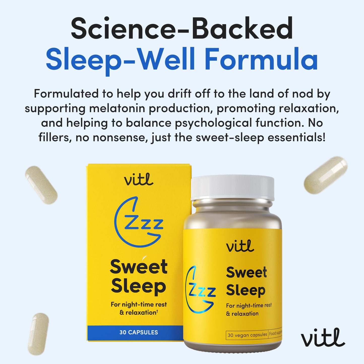 VITL Sweet Sleep Supplement - 30 Vegan Capsules - A Blend of Vitamins, Minerals, Plant Extracts & Amino Acids to Promote More Restful Sleep - Lemon Balm, Cherry Extract, Vitamin B6, Zinc & Magnesium