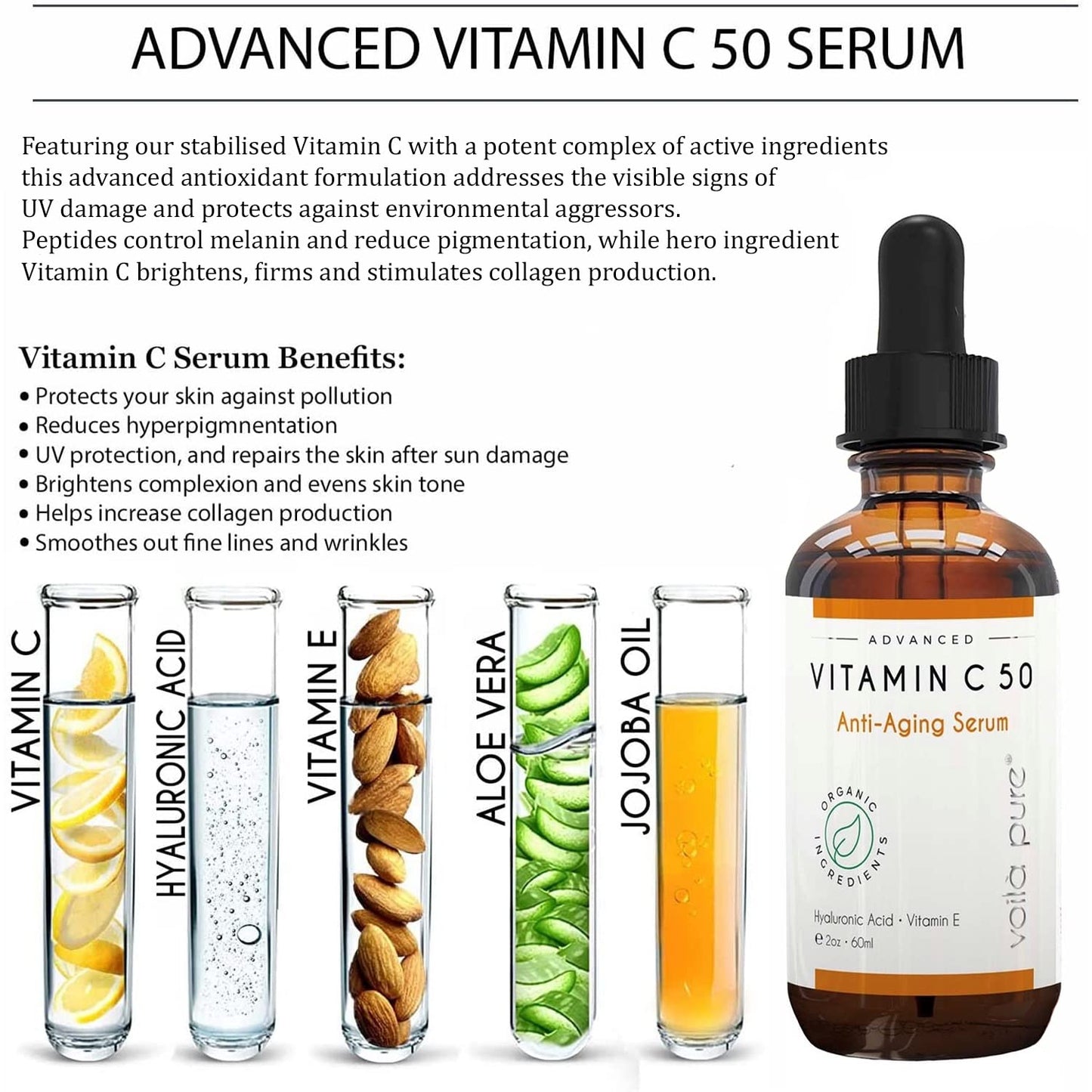Voila pure VITAMIN C SERUM for Face with Hyaluronic Acid - Anti-Ageing Vitamin C Face Serum - Vit C with 5% Pure Hyaluronic Acid Serum for Face - For Age Spots, Fine Lines, Wrinkles 60ml
