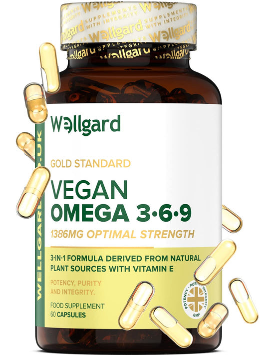 Vegan Omega 3 6 9 Capsules by Wellgard - High Strength 1386mg Flaxseed Oil Capsules with Alpha Linolenic Acid (ALA), Linoleic Acid (LA), Vitamin E