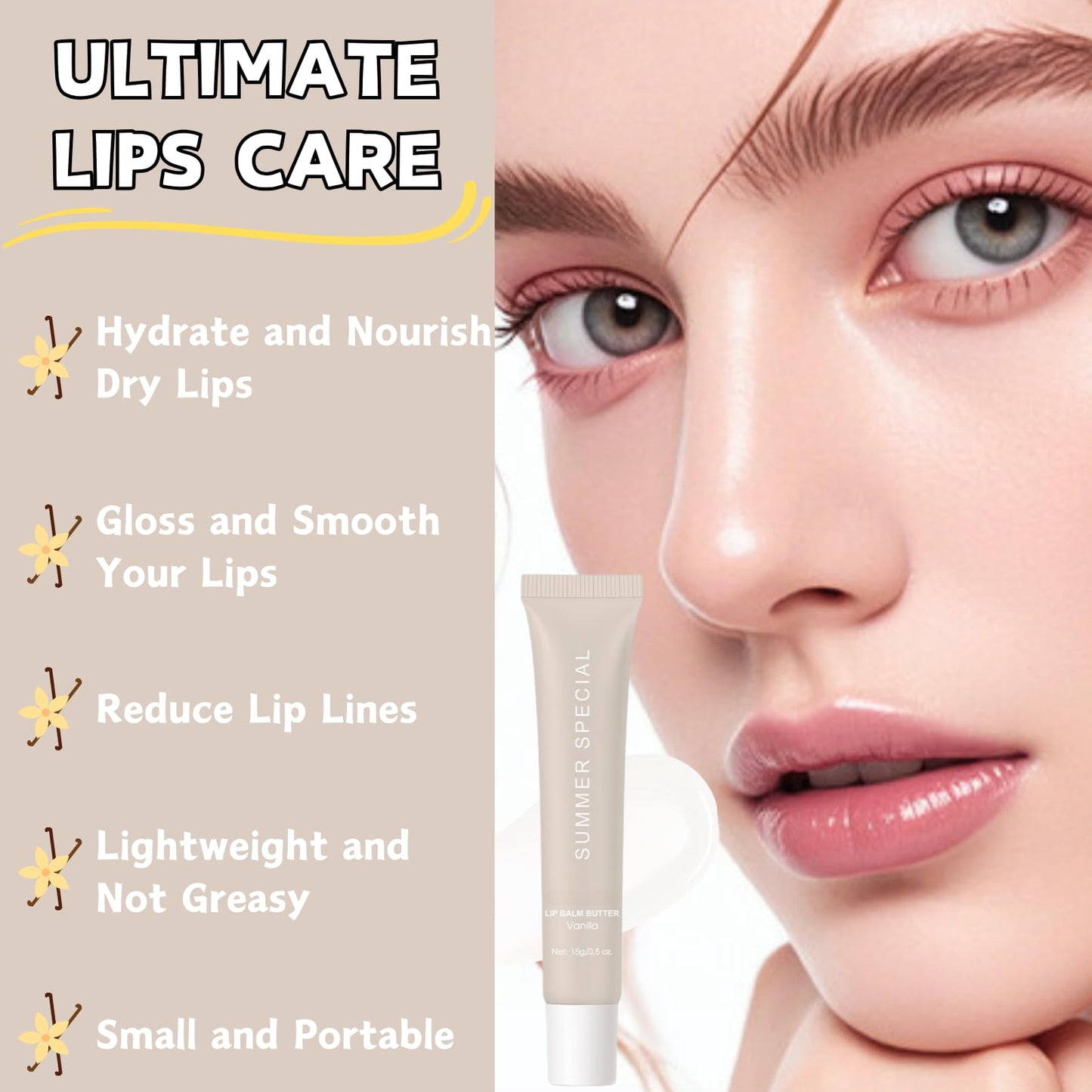 Summer Special Lip Balm Butter, Lip Balm for Moisturizing & Nourishing, Long Lasting Hydrating Lip Gloss, Non Greasy Lip Oil, Smoothes Dry Lips, Easy to carry, Color Vanilla, 15g