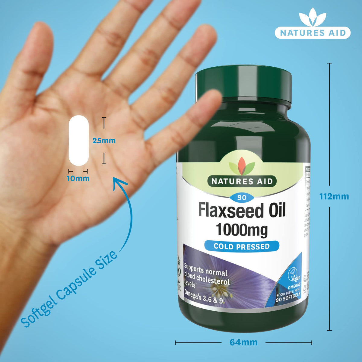 Natures Aid Flaxseed Oil 1000mg – High Strength Omega-3 Softgels – Supports Heart & Brain Function – Vegan, Non-GMO, Gluten-Free – Cold Pressed Essential Fatty Acids – 90 Capsules