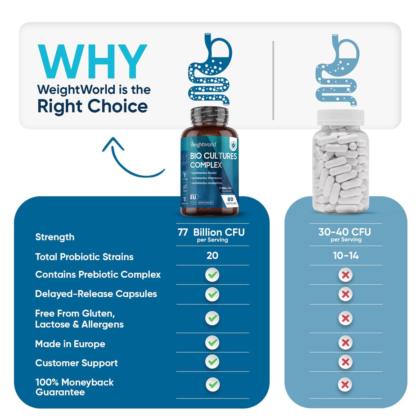 Bio Cultures Complex Probiotics and Prebiotics - 77 Billion CFU - 20 Live Bacterial Cultures - 60 Probiotic Complex Capsules for Women & Men - Lactobacillus Acidophilus, Gasseri, Rhamnosus & Reuteri