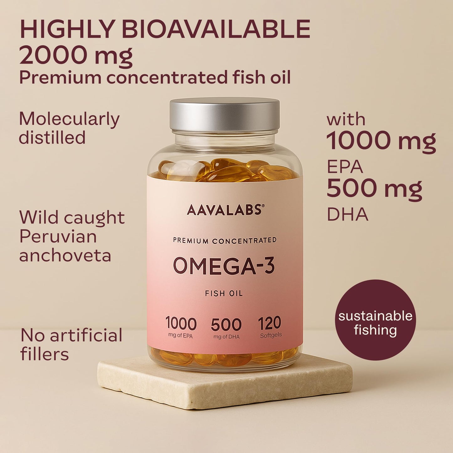 AAVALABS Omega 3 Fish Oil 2000mg per Daily dose (2 softgels) - 1000mg EPA + 500 mg DHA per dose - High Strength Omega 3 Fatty Acids Supplements - Molecularly Distilled - 120 Capsules - 60 Days Supply