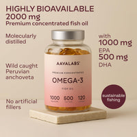 AAVALABS Omega 3 Fish Oil 2000mg per Daily dose (2 softgels) - 1000mg EPA + 500 mg DHA per dose - High Strength Omega 3 Fatty Acids Supplements - Molecularly Distilled - 120 Capsules - 60 Days Supply