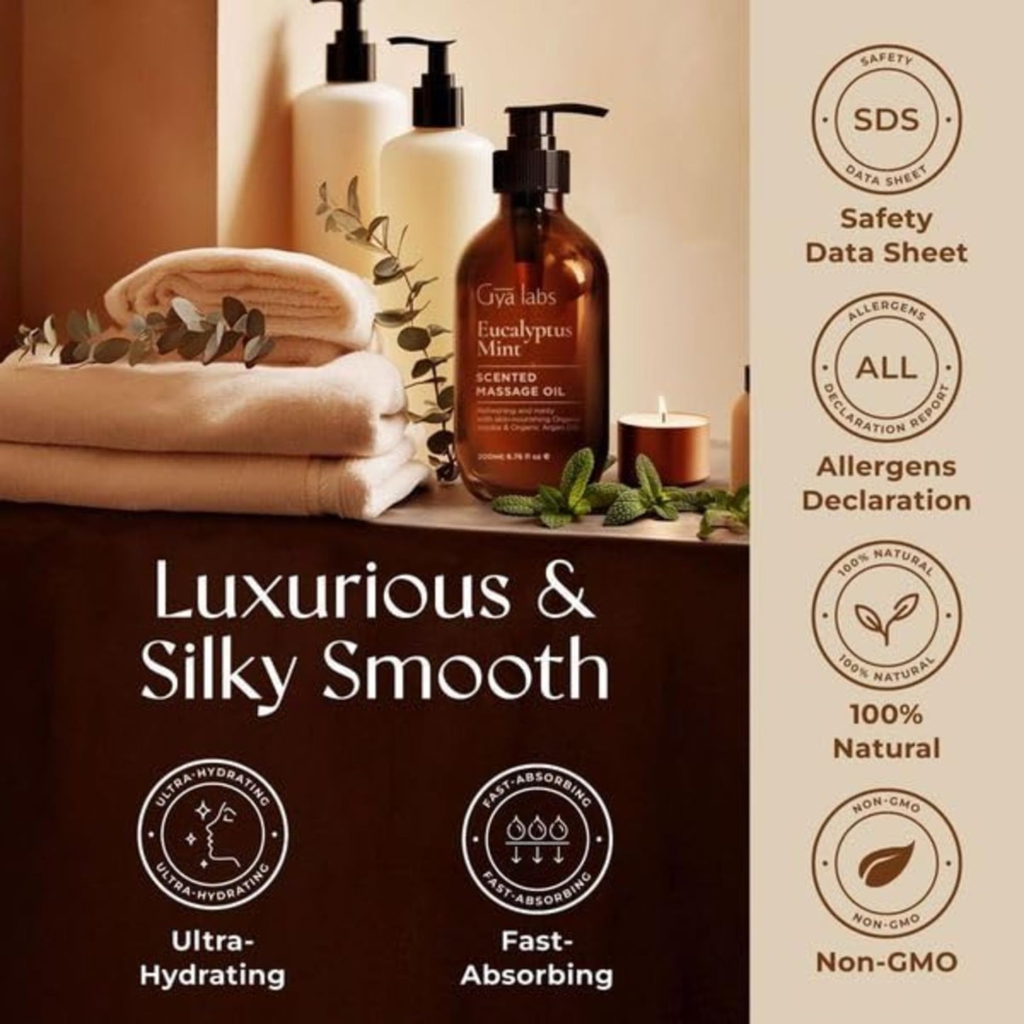 Gya Labs Eucalyptus Mint Massage Oils for Massage Therapy - Refreshing Aromatherapy Body Massage Oil for Sore Muscles - Jojoba, Argan, Sunflower, Almond, Vitamin E & Eucalyptus (200 ml)