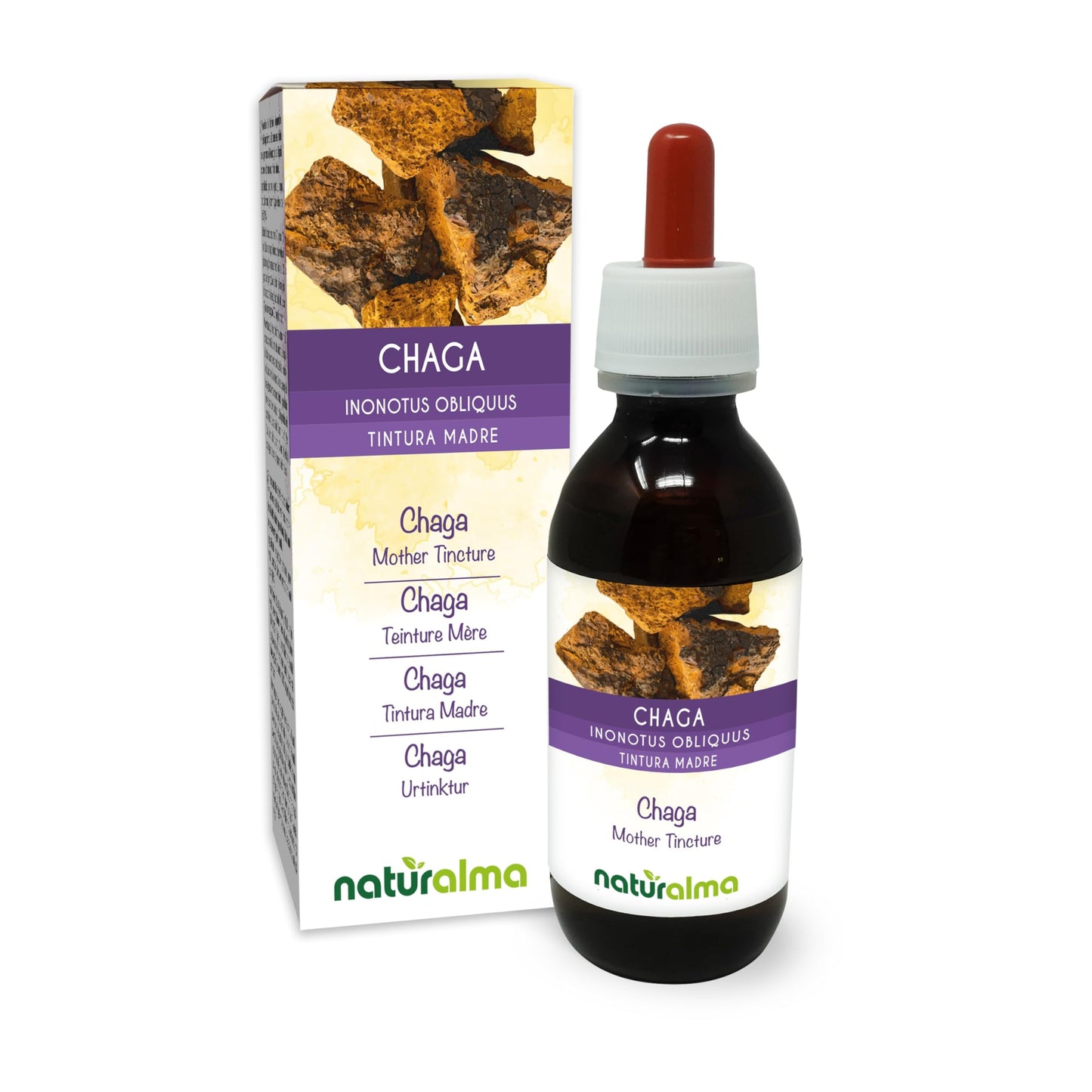 Chaga (Inonotus obliquus) Fungus or Mushroom Alcohol-Free Mother Tincture Naturalma - Liquid Extract Drops 120 ml - Food Supplement - Vegan
