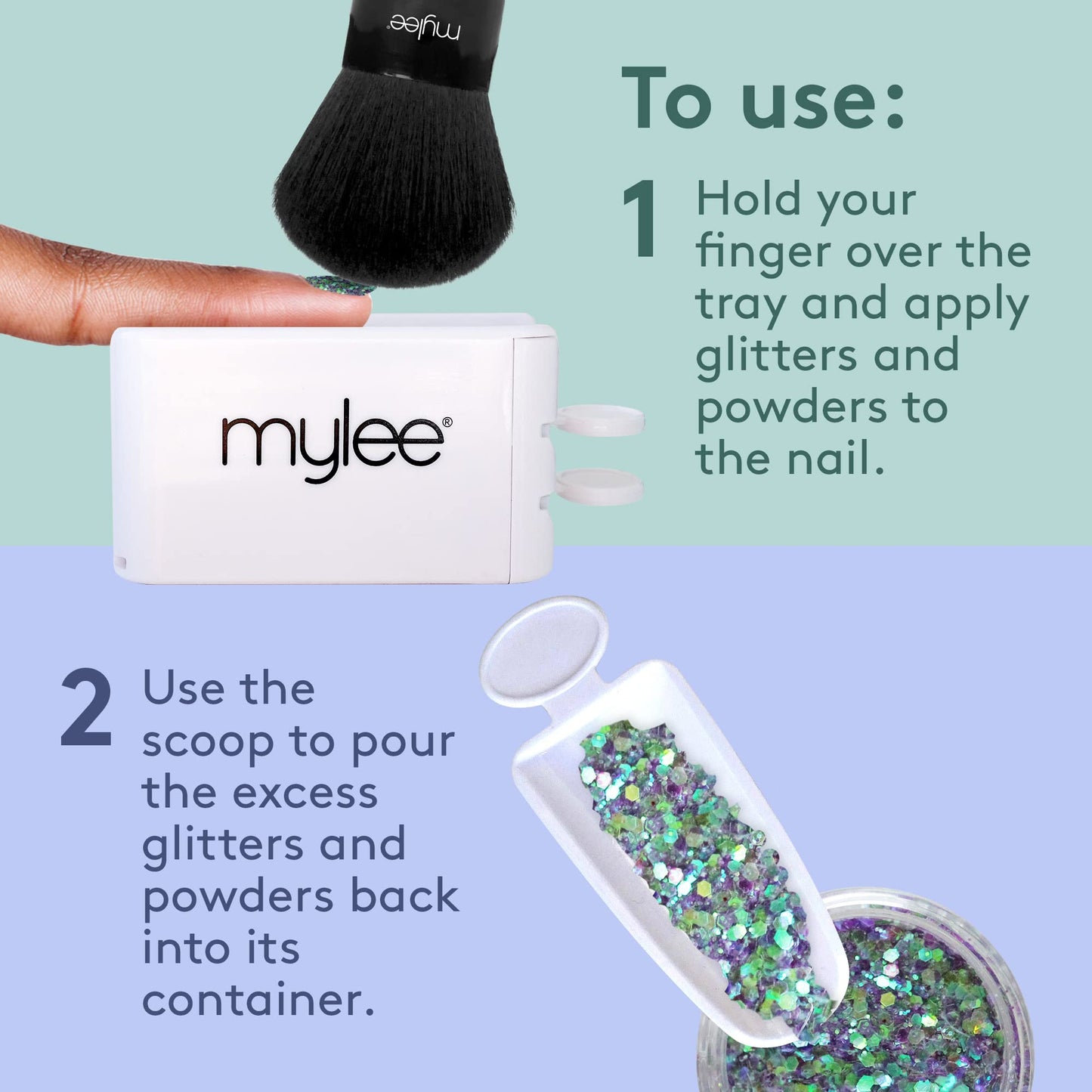 Mylee Glitter Catcher - Two-Tray Design, Apply Glitter, Dip & Acrylic Powder, Nail Dipping Powder Recycling Tool, Glitter and Dip Powders, Nail Dip Powder Tray, Vegan & Cruelty Free