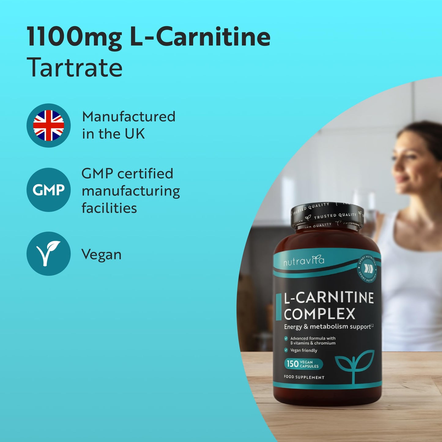 Nutravita L-Carnitine Complex - High Strength Capsules with Added Riboflavin, Biotin, Chromium, Vitamin D, B3 & B6 - Macronutrient & Energy Yielding Metabolism - 150 Vegan Capsules - Made in the UK
