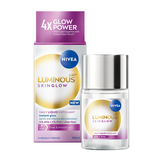 NIVEA Luminous 630 Instant Skin Glow Daily Liquid Exfoliant 100ml, Peeling Face Exfoliator with 4% AHA & 1% PHA, Face Exfoliating Hyperpigmentation Treatment, No Rinse Needed
