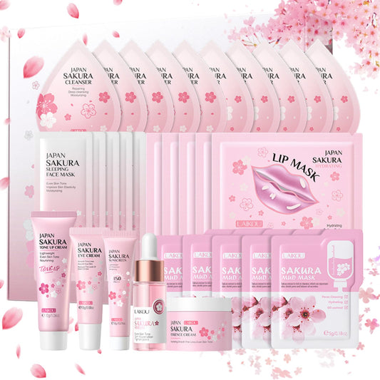 30Pcs Sakura Skincare Set, Skin Care for Teenage Girls Gift Set, Girls Pamper Set with Cleanser,Toner,Serum,Eye Cream,Face Cream,Lip Mask,Sleeping Mask,Mud Mask,Tone Up Cream,Sunscreen