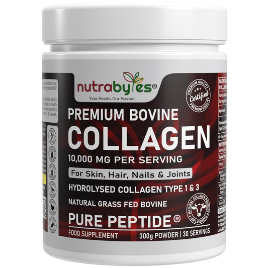 NUTRABYTES Bovine Collagen Powder 10000mg | Grass Fed Hydrolysed Collagen Peptides Type 1 & 3 | Unflavoured | Skin Hair Nails | 19 Amino Acids | Kosher Halal Certified | Women & Men | 30 Day Supply