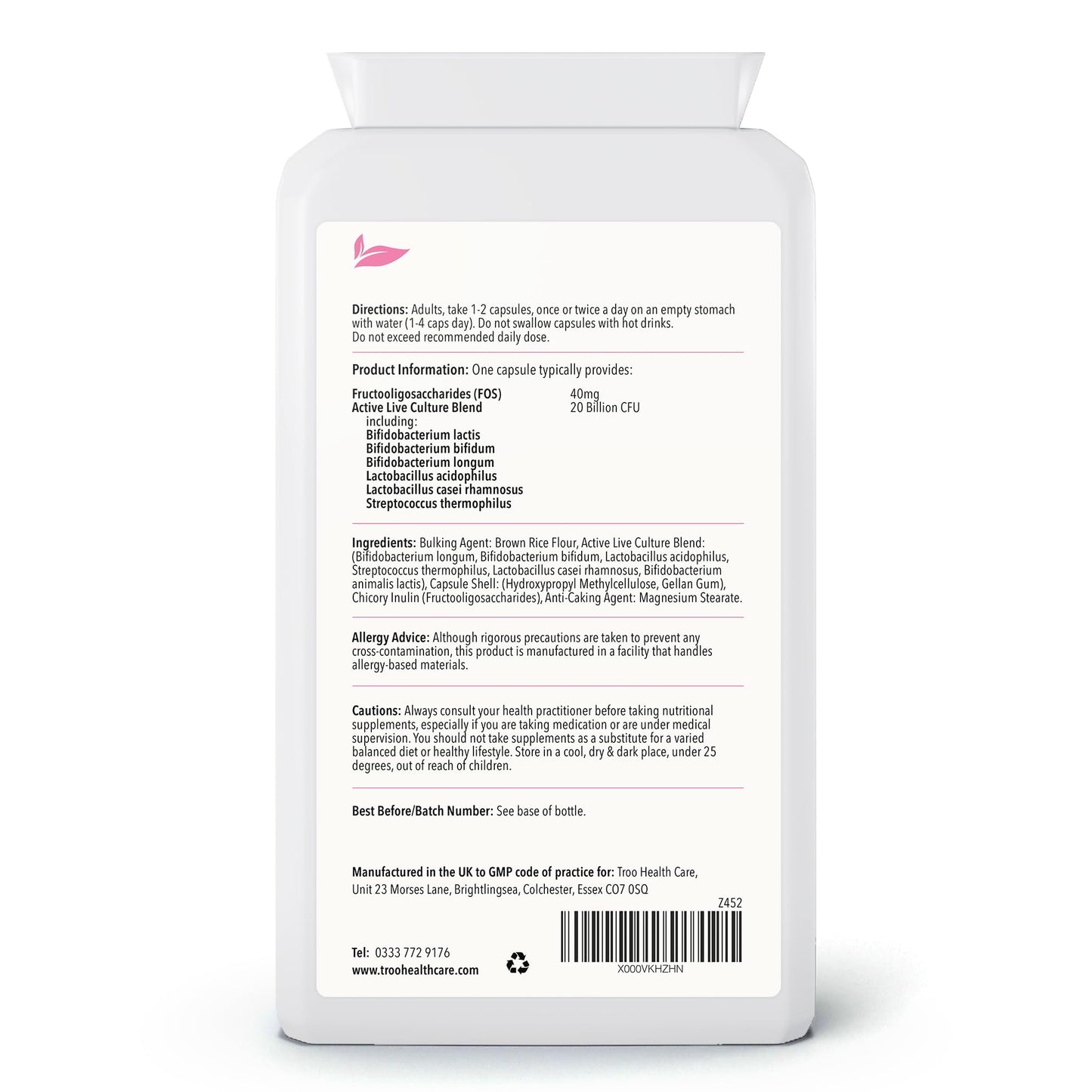 Troo Health Care Probio Cult-20 120 Vegan Capsules 20 Billion cfu | 6 Strain Active Bacterial Cultures | Targeted Release | Acidophilus | Bifidobacterium | Streptococcus Thermophilus | UK Manufactured