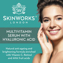 SkinWorks® Multivitamin anti aging serum + Hyaluronic Acid, Vitamin C, AHA’s and Retinol. Natural & vegan beauty formula to help prevent wrinkles, brighten skin and boost skin health.30ml
