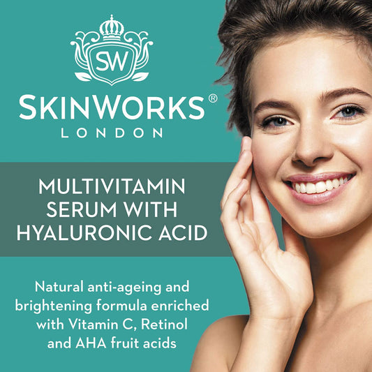 SkinWorks® Multivitamin anti aging serum + Hyaluronic Acid, Vitamin C, AHA’s and Retinol. Natural & vegan beauty formula to help prevent wrinkles, brighten skin and boost skin health.30ml