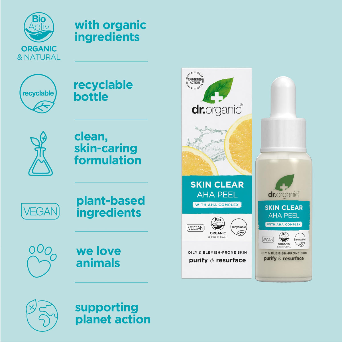 Dr. Organic Dr Organic - Skin Clear AHA Peel with Fruit Acids - Women's & Men's Skincare - Oil & Blemish Control, Pore Reducing & Clearer Skin - Vegan, Cruelty, Paraben & SLS Free - 30ml - 1 Pack