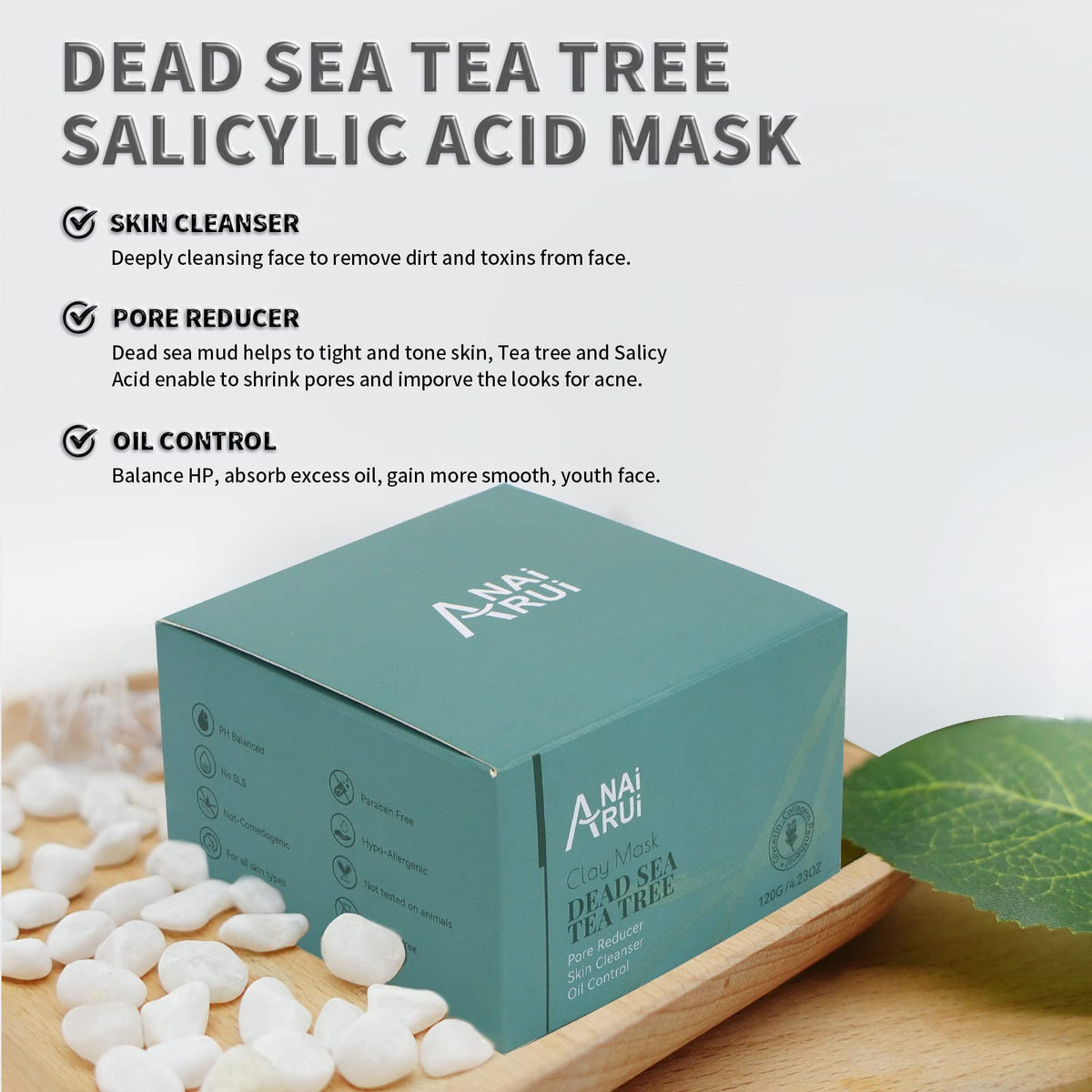 ANAI RUI ANAiRUi Dead Sea Tea Tree Mud Mask, Clay Mask Skincare with Activated Charcoal & Tea Tree Oil for Women and Men, 120g