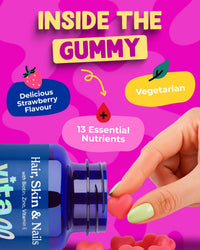 Vitawell Hair Skin & Nails Gummies | Support for Hair Growth + Skin + Nails Vitamins Chews | Complex Formula Biotin, Zinc, Selenium & Vitamin E | 60 Strawberry Flavour | | Multivitamin Gummies