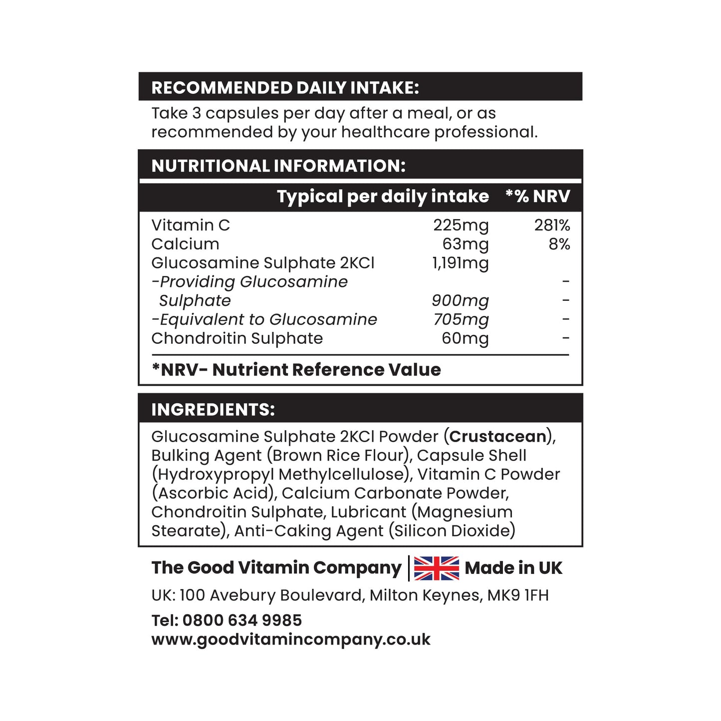The Good Vitamin Company Glucosamine & Chondroitin: 120 Capsules - Supplement with High Strength Glucosamine Sulphate with Chondroitin, Vitamin C and Calcium for Joint Support, Made in UK, GMO Free