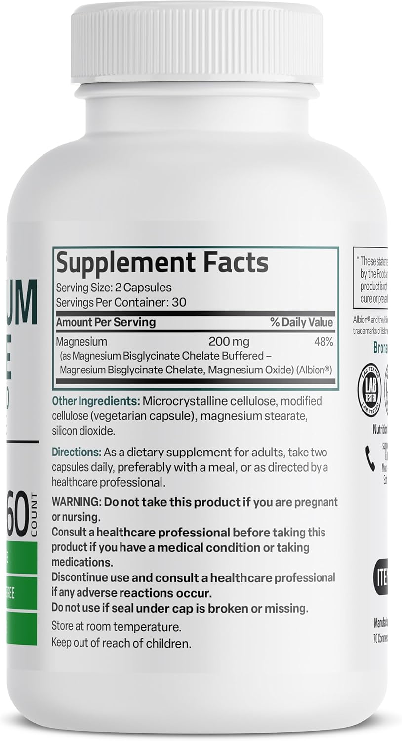 Magnesium Glycinate 200 MG per Serving Chelated for High Absorption, Gentle On Stomach, Non-GMO, 60 Vegetarian Capsules