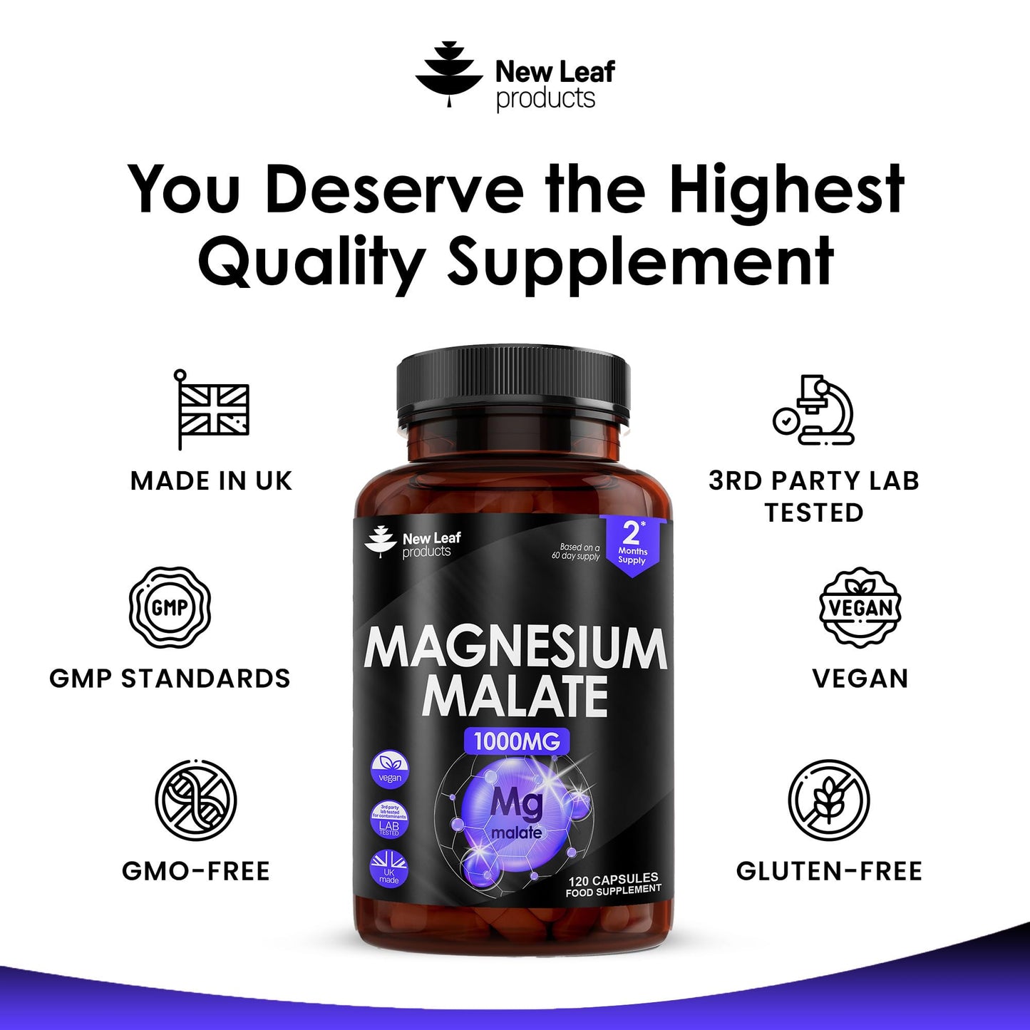 Magnesium Supplements 1000mg - Pure Magnesium Malate Capsules - Bones & Sleep Support - High Absorption Elemental Magnesium - Vegan High Strength Magnesium - 2 Months Supply - Not Magnesium Tablets