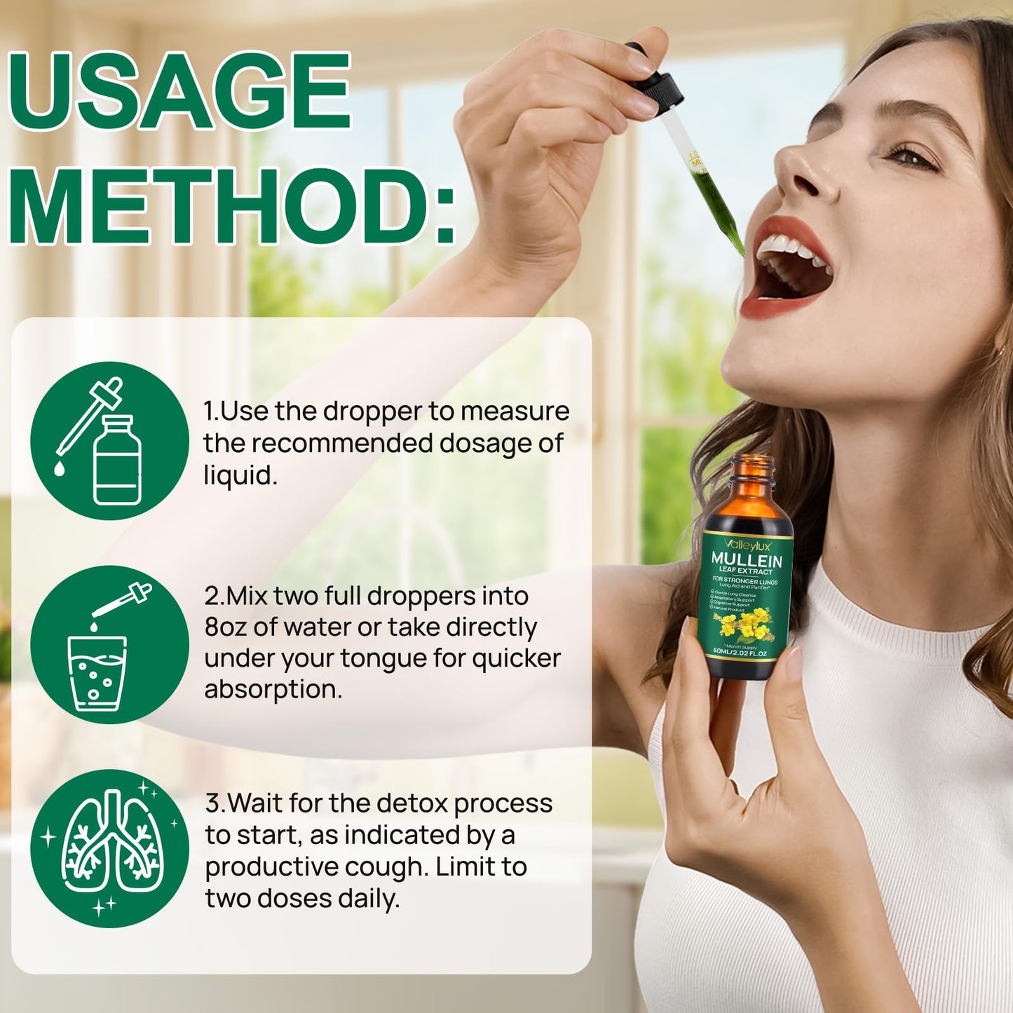 Bibonse Mullein Leaf Extract for Lung, Mullein Drops, Mullein Leaf Liquid Drops, Mullein Extract with Chlorophyll for Lung Cleanse, Premium Health Supplement Drops for Fast Absorption, Alcohol-Free, 60ml