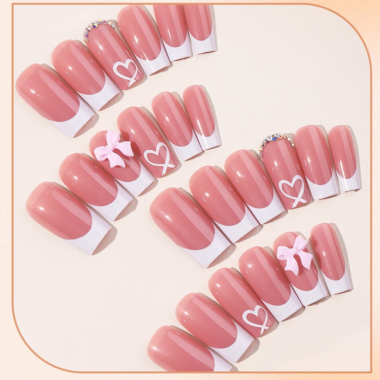 Generic 24PCS Fake Nails with 3D Bow Nails Tip - French Tip Square Press on Chrome for Women Girls Elegant Nail Art
